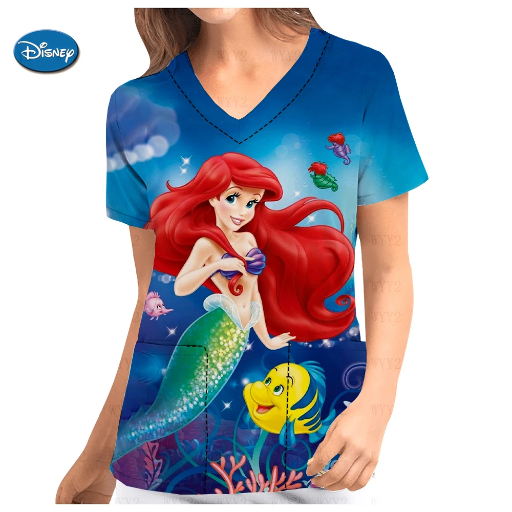 

Женская медицинская Униформа Disney с принтом русалки, Женская Классическая карманная униформа, Рабочая Рубашка для стоматолога, спа