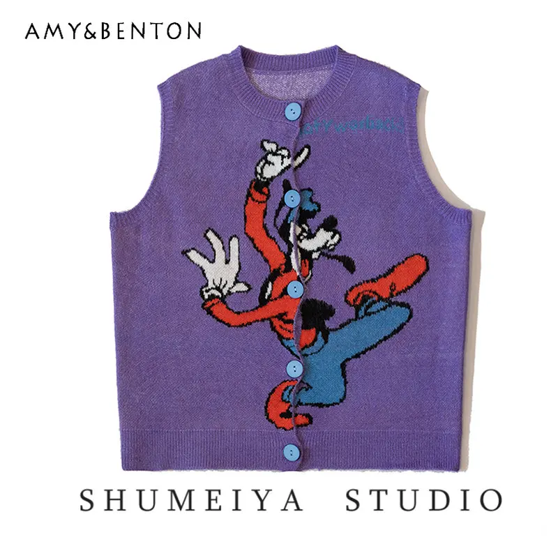 

Autumn and Winter Single-Breasted Waistcoat Knitted Cardigan Ladies Loose Slimming Cartoon Letter Sweater Vest Coat for Women