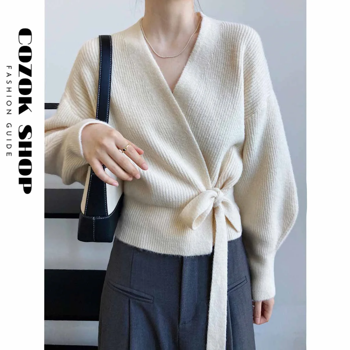 

Cozok Simple Luxury Vintage Women'S V-Neck Lace-Up Loose Outer Knit Cardigan Tops Design Sense Sweater Jacket