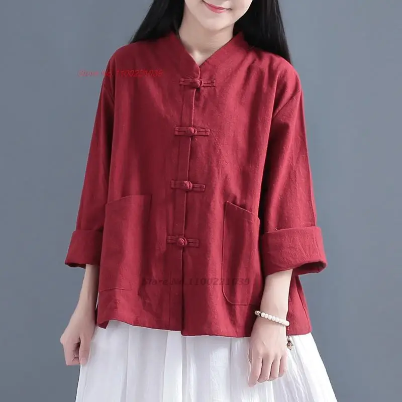 

2023 traditional women retro blouse chinese improved hanfu blouse vintage cotton linen tea service hanfu oriental loose blouse
