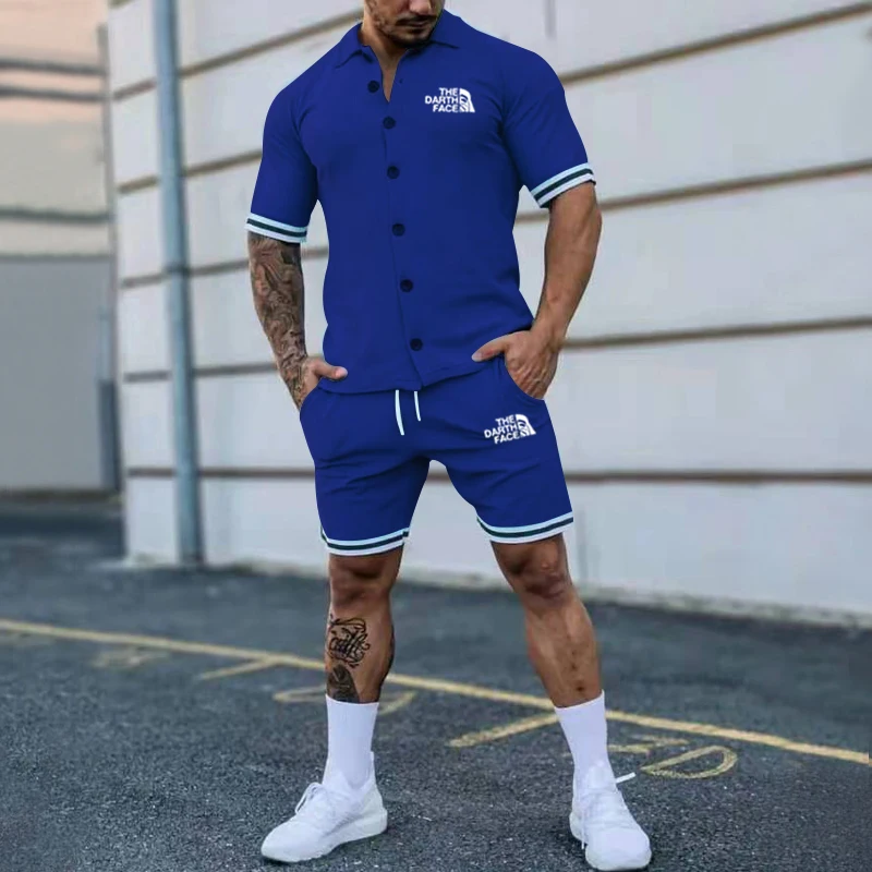 

Summer men's Solid Color Lapel Button Short-Sleeved Shorts Sports Cardigan Suit men's Trend Casual Brand Suit