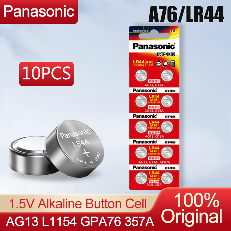 

10PCS/lot Panasonic LR44 A76 LR 44 AG13 LR1154 SR1154 SR44 SR44SW SR44W GP76 1.5V Alkaline Batteries For Calculator Toy Watch