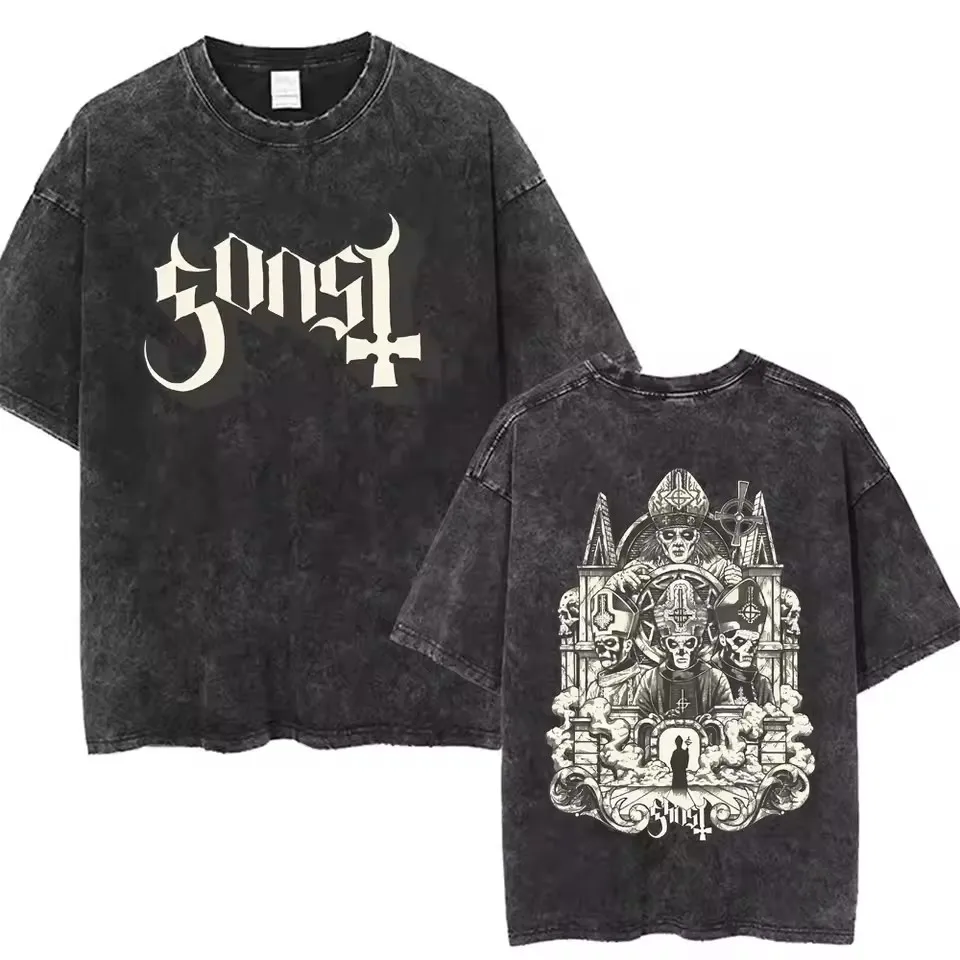Фото Випраная винтажная футболка Ghost Band Мужская готическая рок-металлическая музыкальная футболка Высококачественный хлопок Мужская женская модная повседневная футболка №1