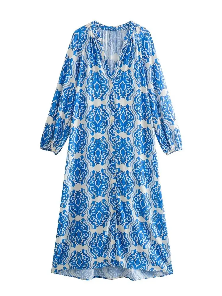 

YLJHQX 2022 Women Spring Fashion Print Dress Vintage Long Sleeve V Neck Single Breasted Female Dress
