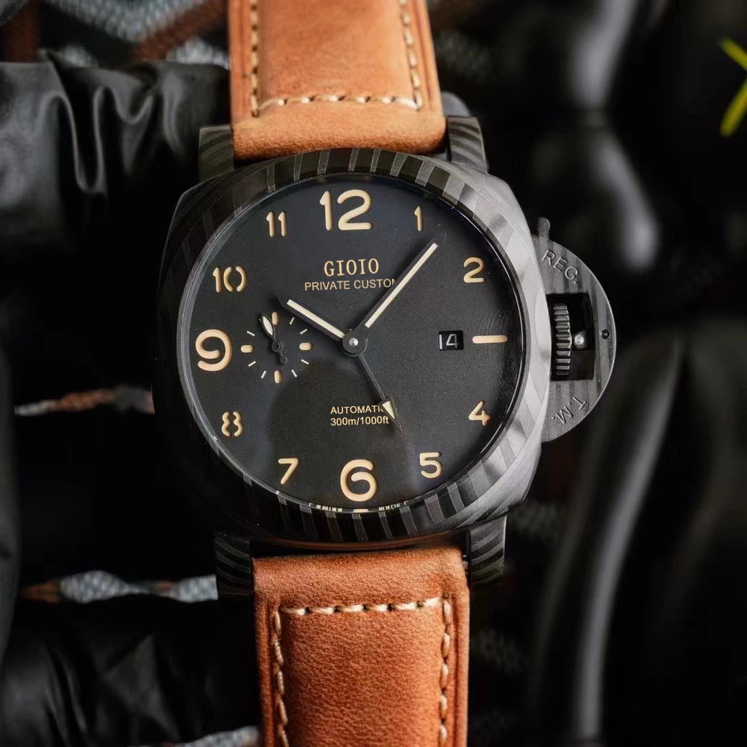 

Luxury Mens Mechanical Automatic Watch Full Black Case Brown Leather Advanced Luminous
