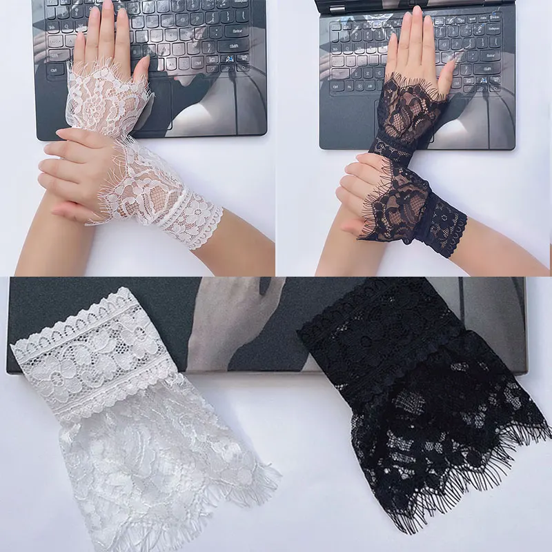 

Female Sweater Fake Sleeves Hollow Out Crochet Floral Lace Horn Cuffs Embroidery Flounces Ruffles Elastic Wrist Warmers