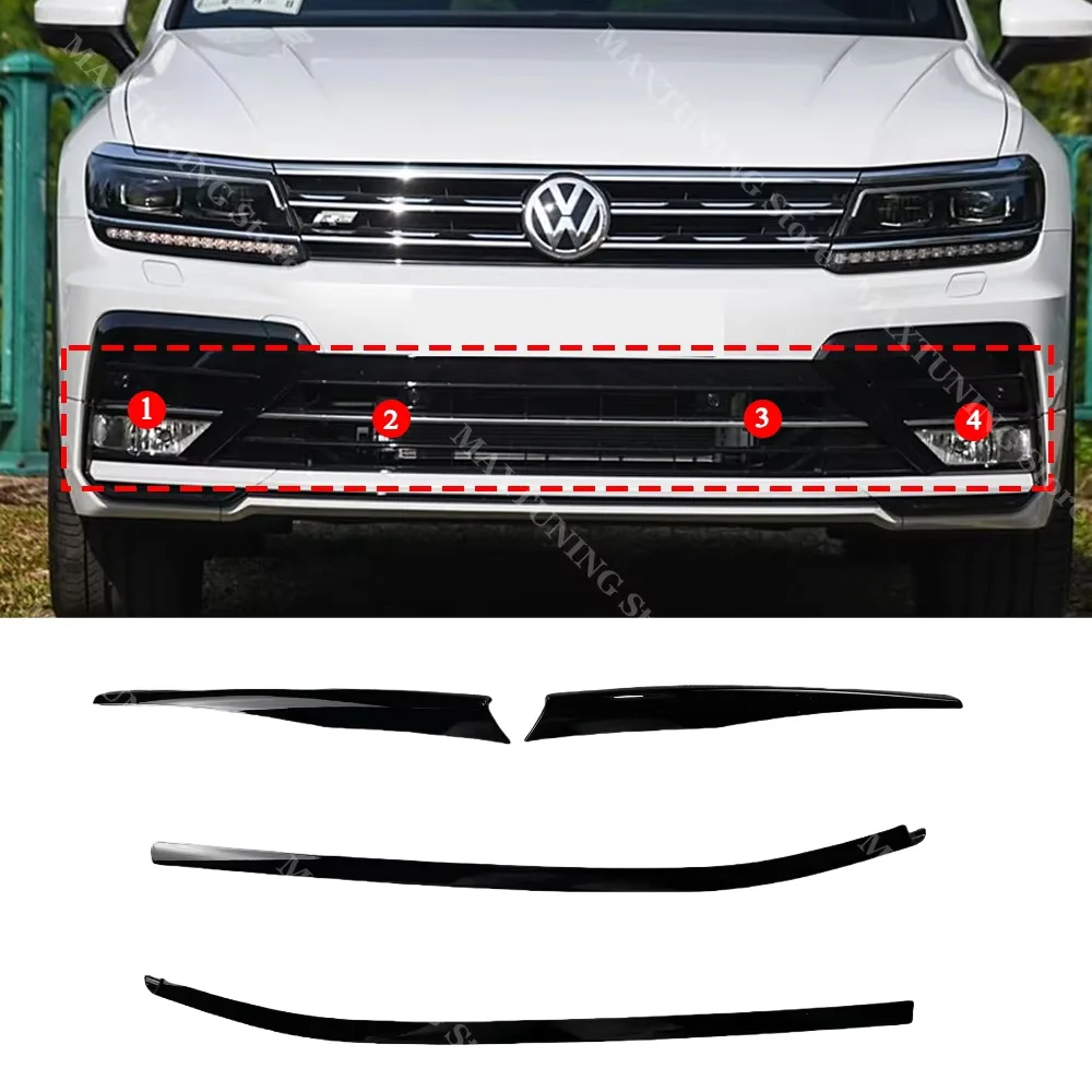 Для VW Tiguan MK2 R-Line 2017-2021 передний бампер фары брови центральная решетка противотуманные фары черные молдинговые полоски наклейки отделка