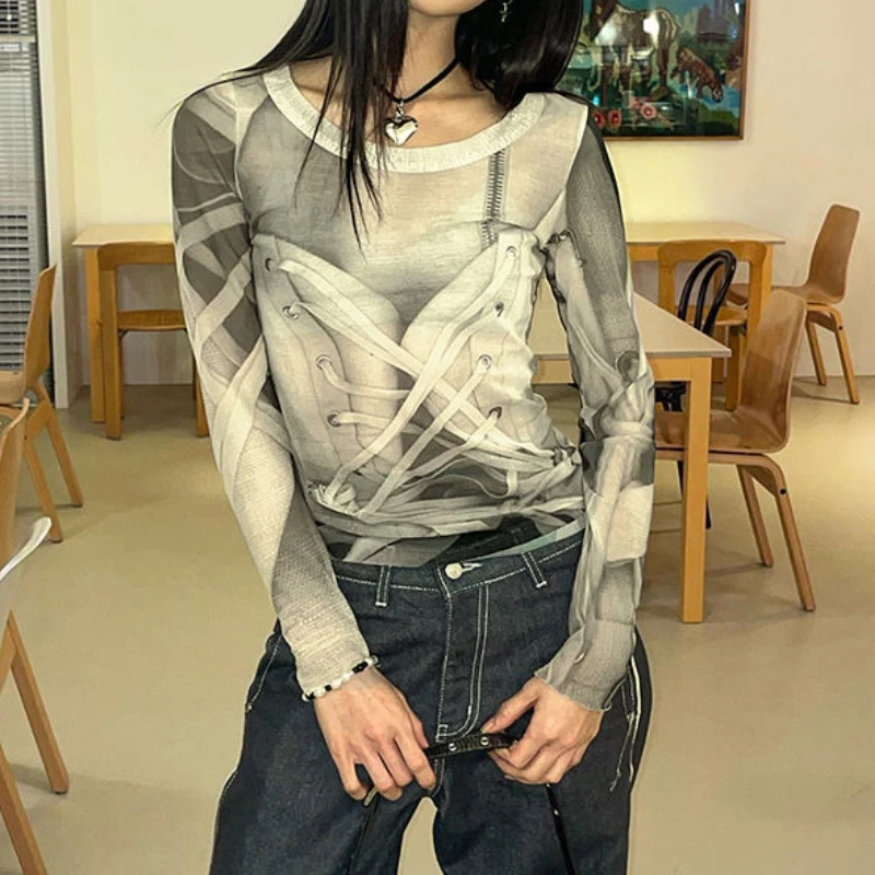 

Deeptown Gothic Grunge Graphic Print Mesh T-shirts Women Cyber Punk Long Sleeve Tees Harajuku Streetwear Slim Corset Tops Female