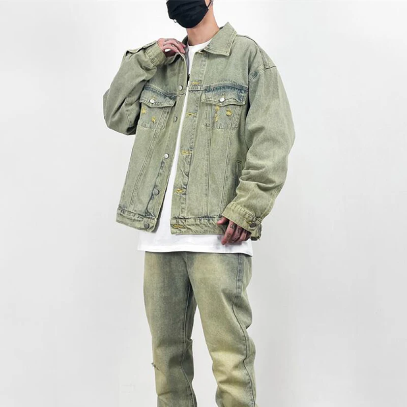 

Vintage Washed Distressed Yellow Mud Oversized Denim Jackets Coats Hip Hop Men and Women Ripped Jean Jacket Kanye Streetwear