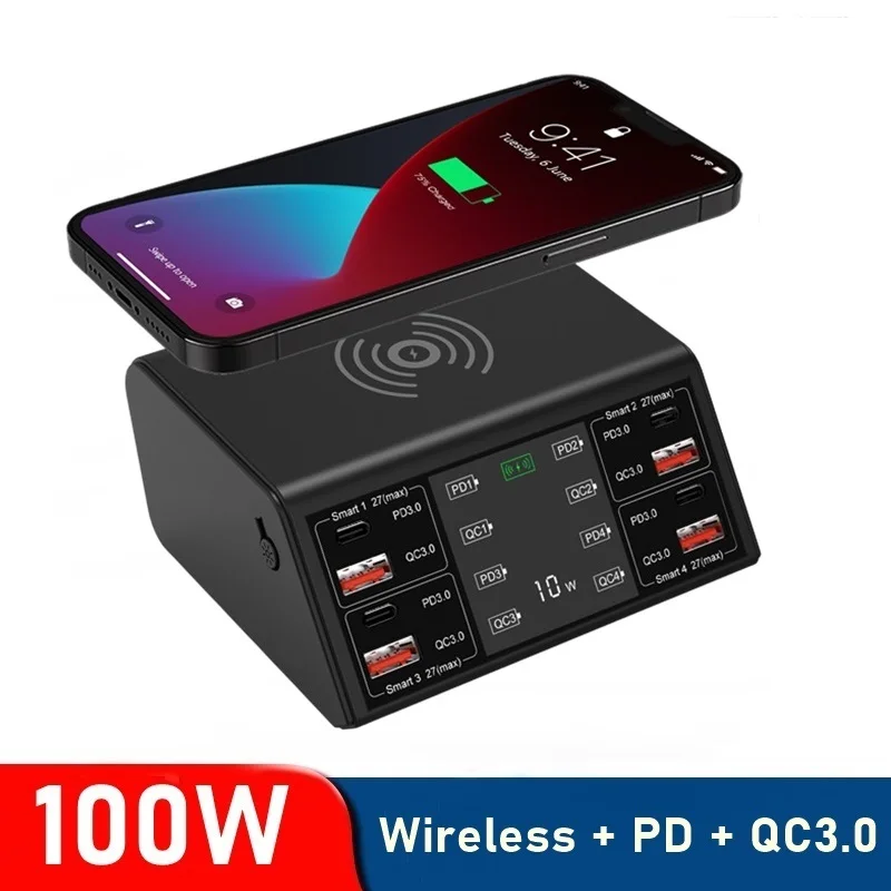

100W 8 Port USB Charger PD QC3.0 USB C Fast Phone Charger Qi Wireless Charger Charging Station For iPhone 13 14 Xiaomi Samsung