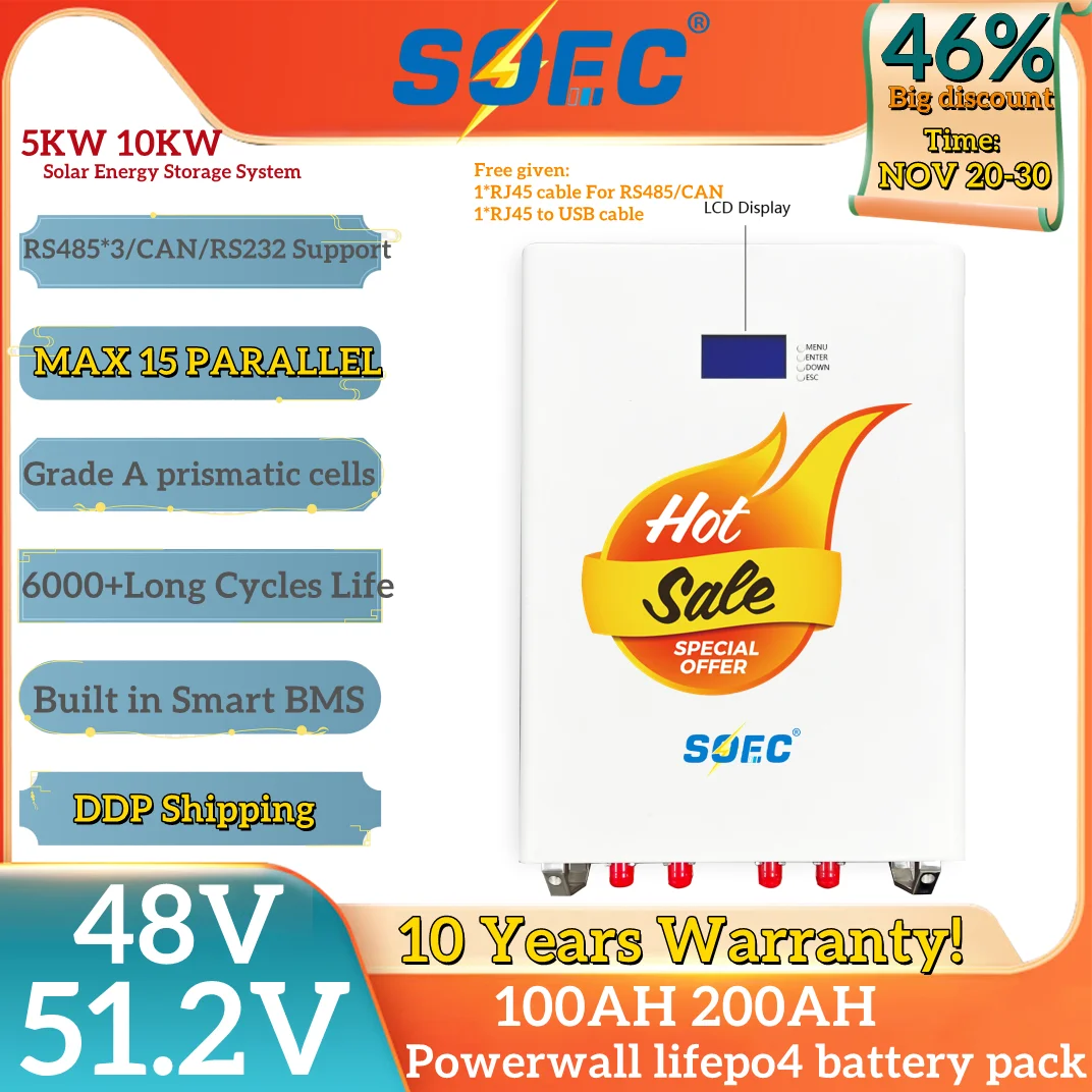 

SOEC 200ah lithium battery 48V 51.2V 100AH Powerwall LiFePO4 RS485 CAN 15Parallel for 10KW Solar Off/On-Grid 10years warranty