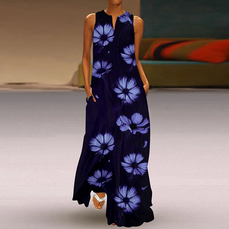 

2023 Summer New Female V-Neck Sleeveless Print Button Decoration Long Dress Fashion Elegant Temperament Commute Women Clothes