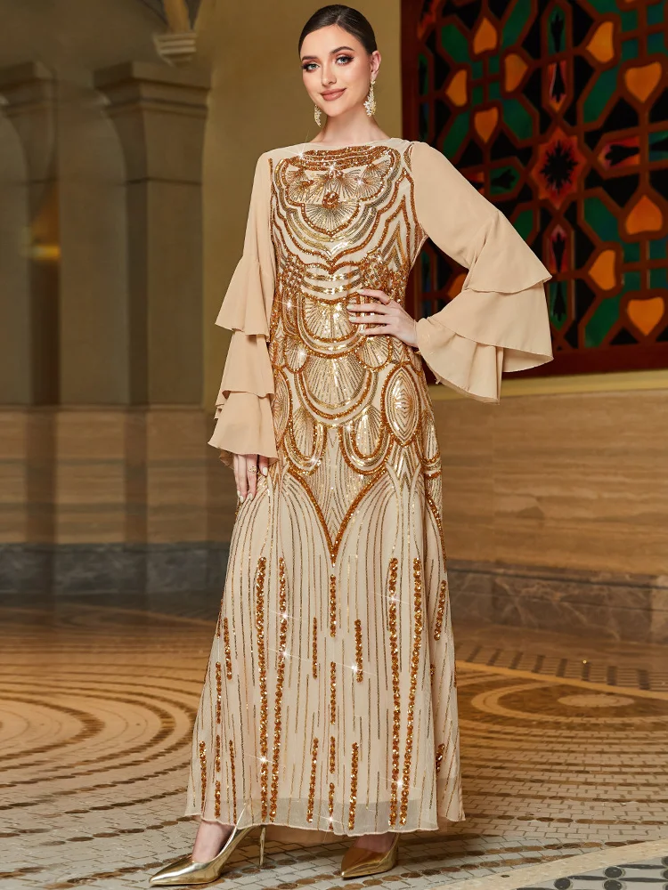 

Eid мусульманское платье с блестками для женщин Abaya Рамадан 3 слоя рукав-бабочка Длинные Abayas женский халат марокканский Caftan Vestidos
