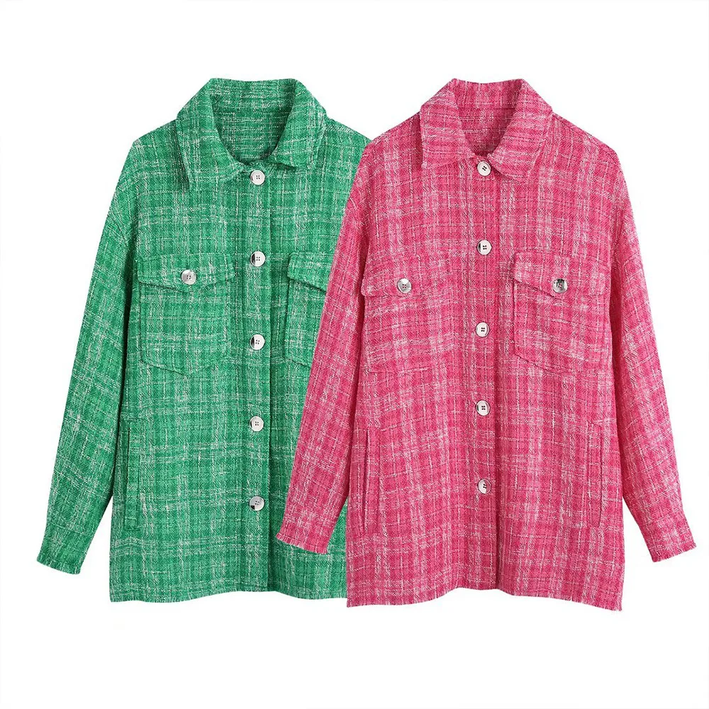 

ZATRHMBM 2022 women's spring and summer new retro two-color lapel plaid weft single-breasted pocket jacket