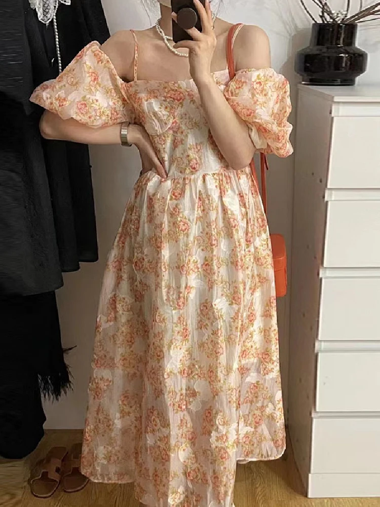 

Корейский шикарный летний элегантный темпераментный однослойный воротник с открытыми плечами облегающее женское платье с пышными рукавам...