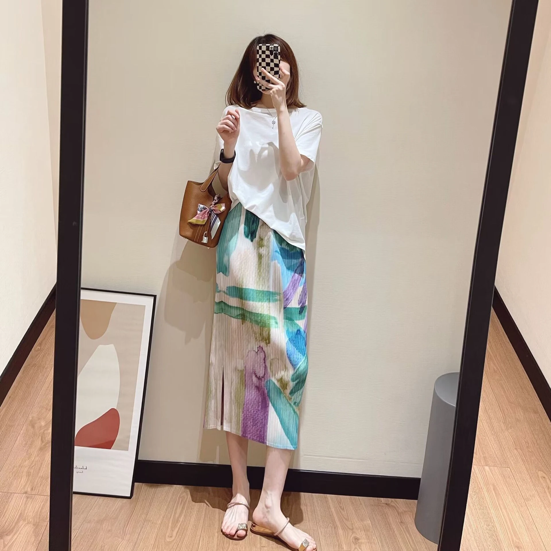 

Summer Skirts Women Korean Fashion Elegant Commuter Straight High Waist Open Fork Ink Print Folds Elastic Waist Mid-calf Skirts