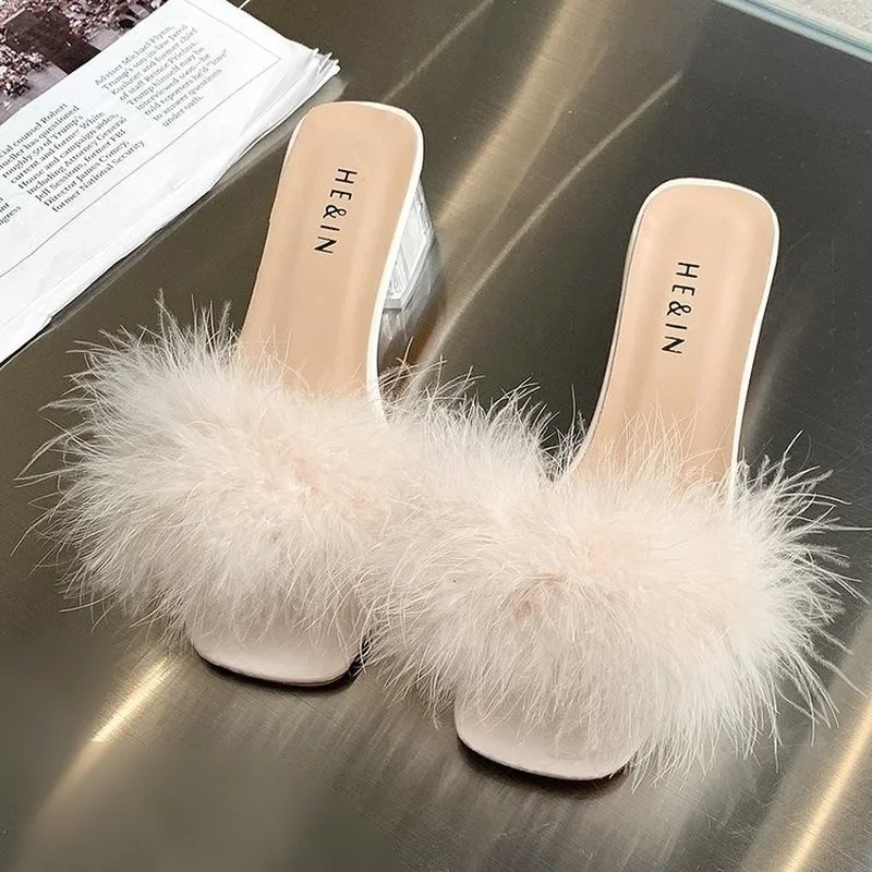 

Mules Sandal Women Summer Outdoor Toe High Heels Fashion Slippers Square Office Ladies Feather Slides Chic Classics Furry Shoes