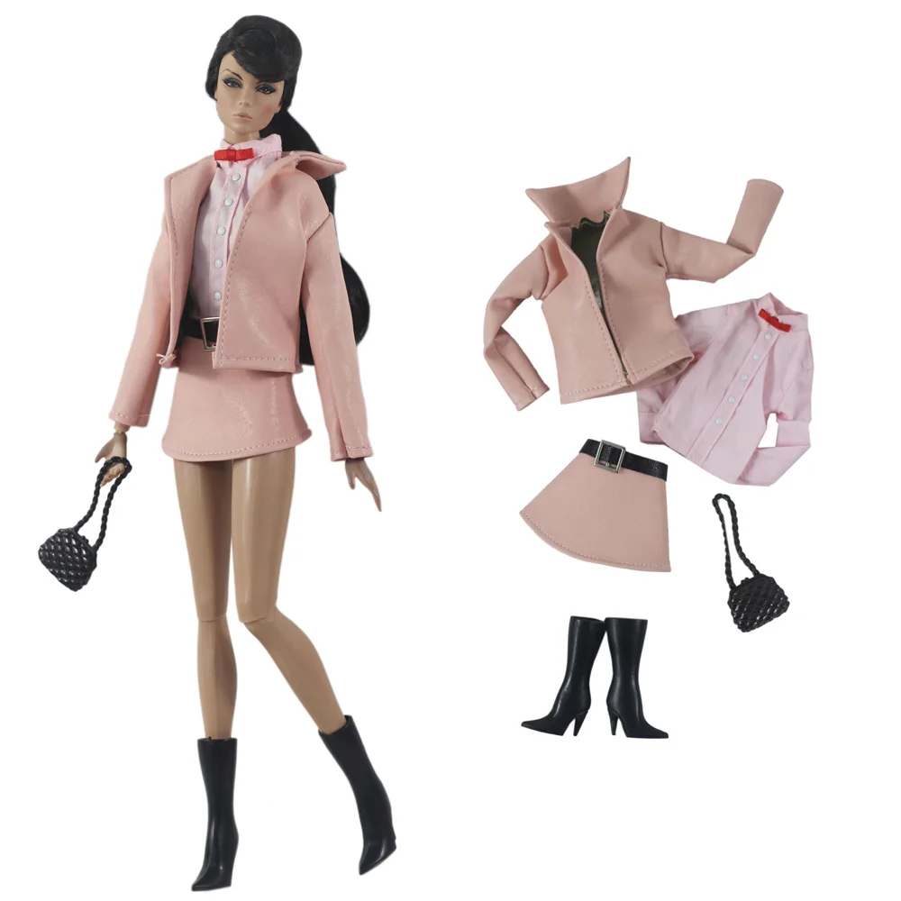 

Модная розовая одежда NK для куклы Барби, кожаный свитер + рубашка + обувь + юбка + сумка для куклы 1/6, аксессуары для кукол, игрушки, 1 комплект