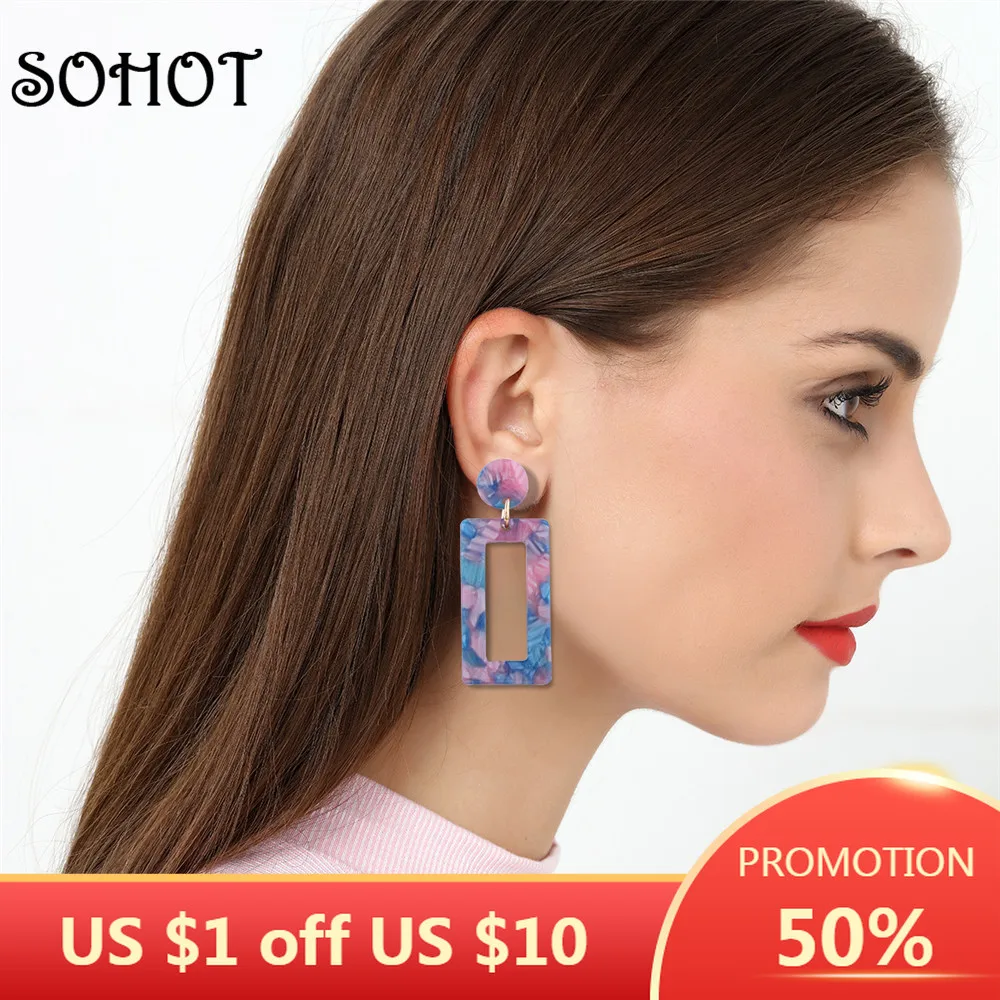 Лидер продаж, квадратные акриловые висячие серьги SOHOT с уксусной кислотой, европейский стиль, очаровательные аксессуары Jewley для женщин на день рождения