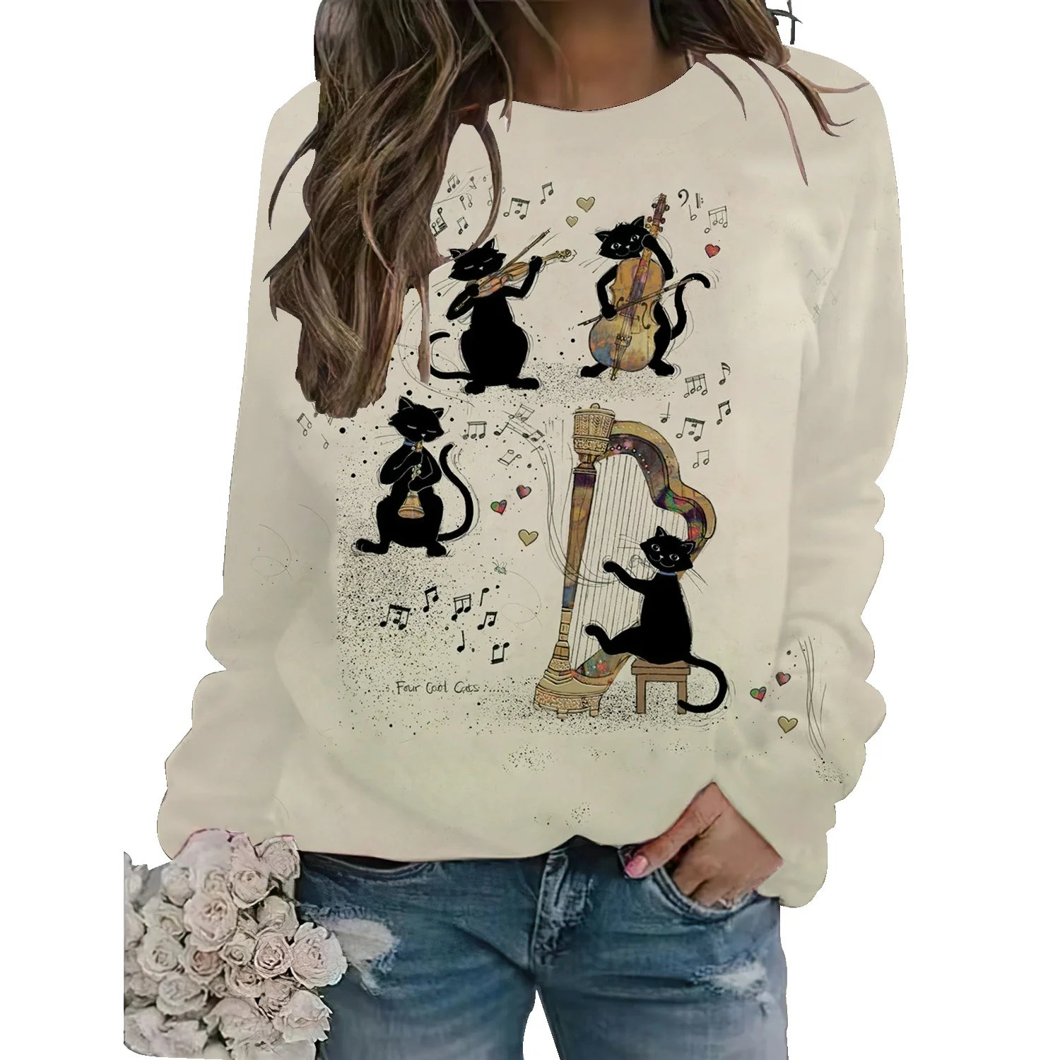 

Autumn and winter large size fat mm hoodless sweater female cat cartoon print loose Harajuku style thickened clothes coat