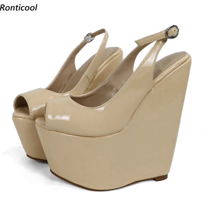 

Ronticool Super Sexy Women Platform Shiny Sandals Wedges High Heels Peep Toe Pretty Nude Red Party Shoes Ladies US Size 4-14