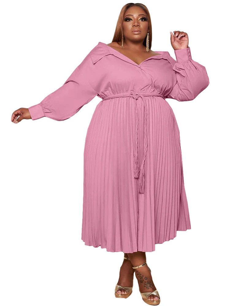 

5XL Plus Size Long Dresses Women Lace Up High Waist Robes Autumn New Fashion Solid Sexy Office Lady Oversize Pleated Dress 2023