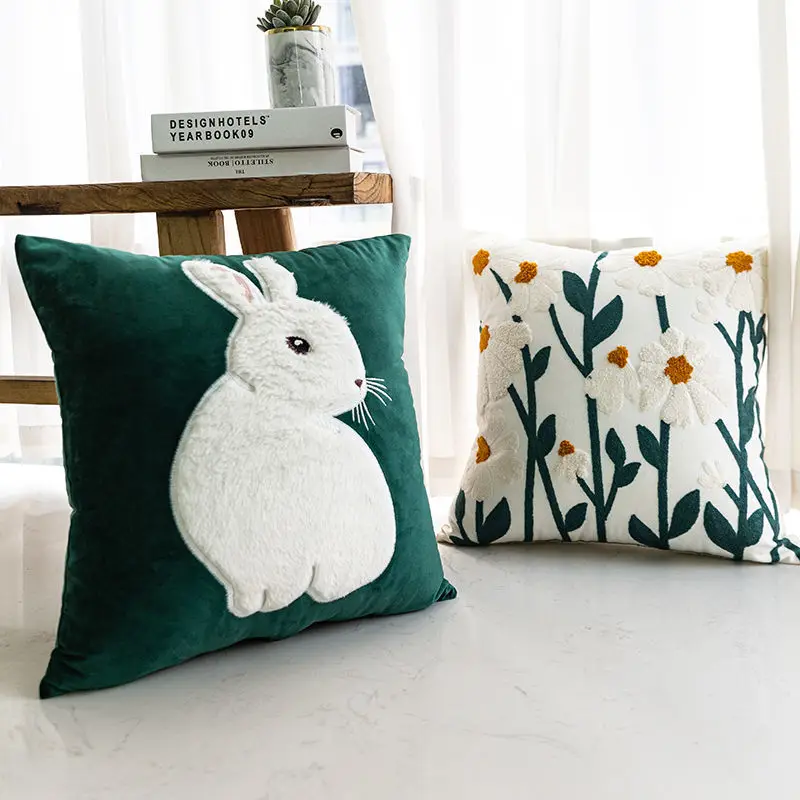 

Retro White Rabbit Embroidered European Pastoral Floral Cushion Cover Pillow Cover for Sofa Bedroom
