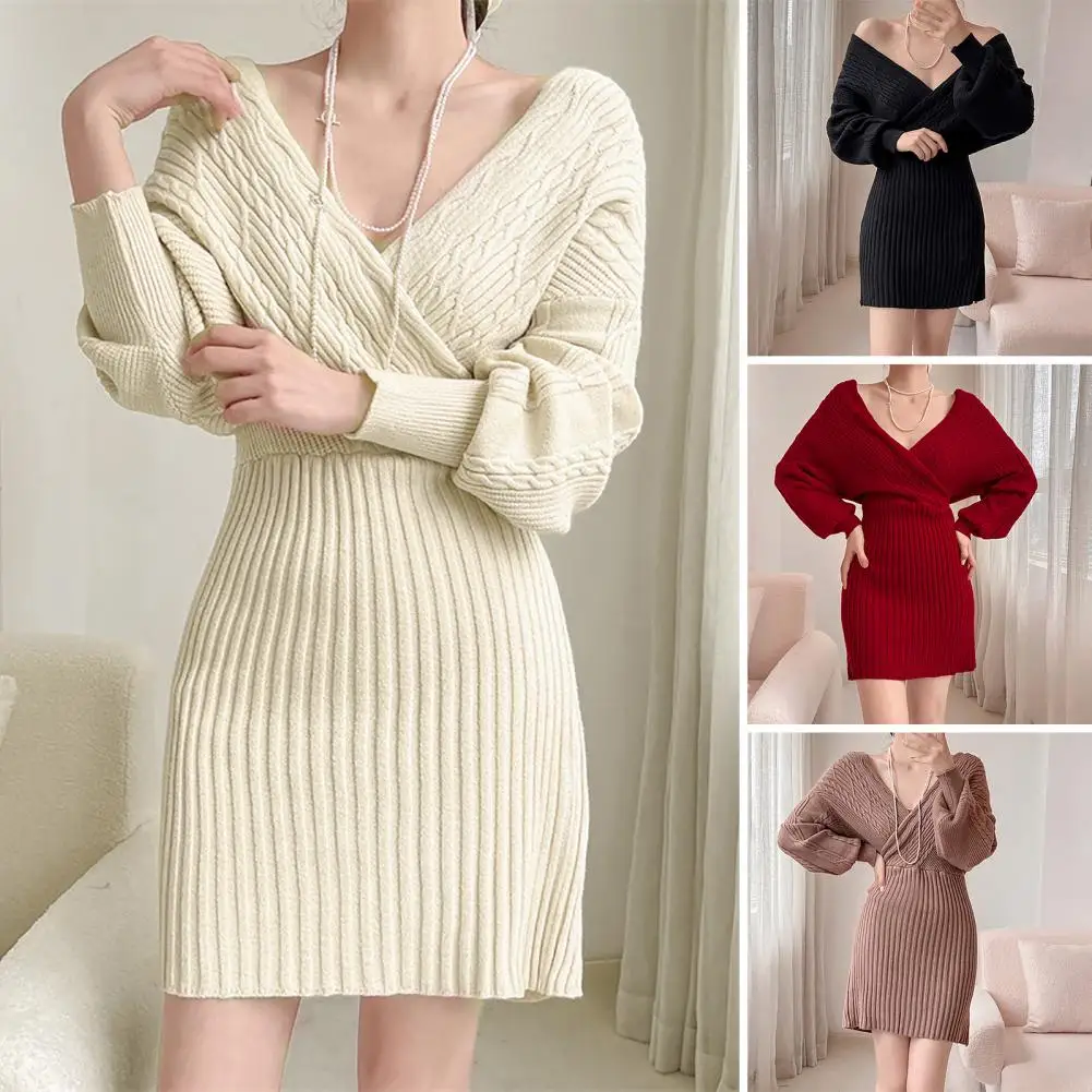 

Knitting Dress Chic Flattering Autumn/winter Bodycon Dresses V-neck Twist Texture High Waist Wrapped Knitting Designs Knitting