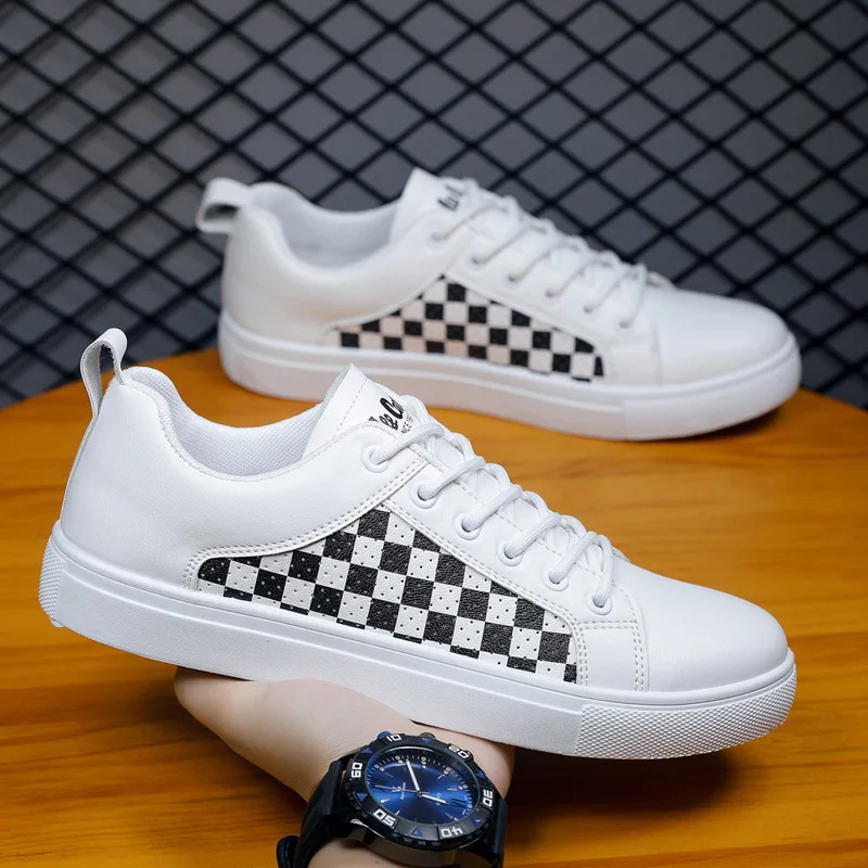 

Korean Men White Leather Sneaker Running Shoes Big Size 47 48 Checkered Print Low Top Sneakers Vulcanized Man Shoe Free Shipping