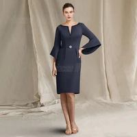 formal staright party guest gown for woman weddings with long sleeves elegant knee length godmother of the bride v neck zipper