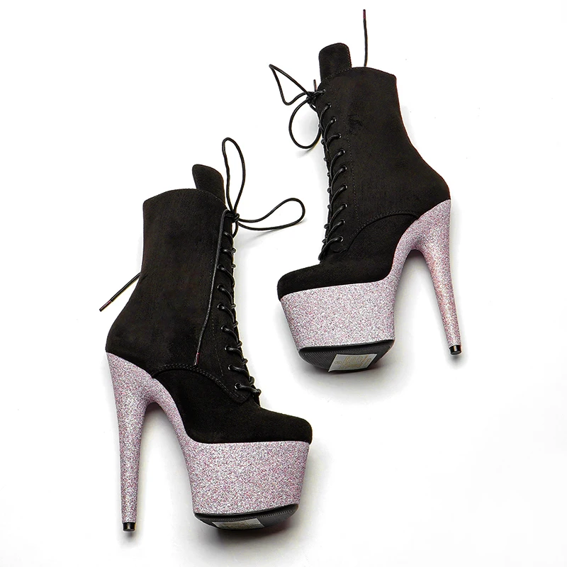 Leecabe Pink Glitter 17CM/7Inches with suede Upper High Heel platform Boots Closed toe  Pole Dance boot