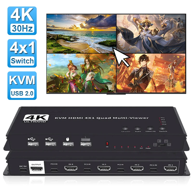 Фото KVM-переключатель 4K HDMI 4x1 Quad Multi Viewer 4 в 1, выходной KVM HDMI-процессор, бесшовный мультиприемник для 4 ПК, мышь, клавиатура №1
