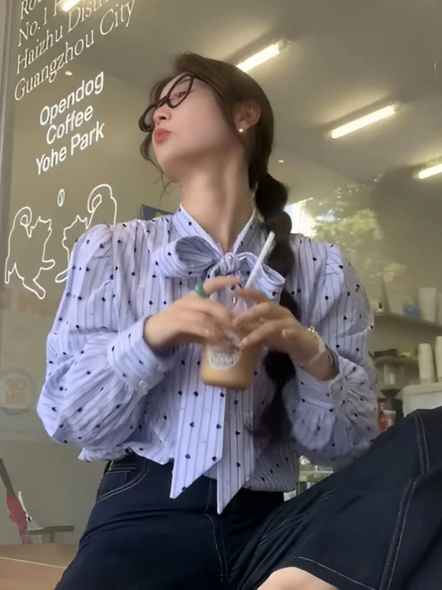 French sle Blue Shirts Women 2024 Autumn New Design Sense Bow Lace-up Polka Dot Shirt Stripe Top