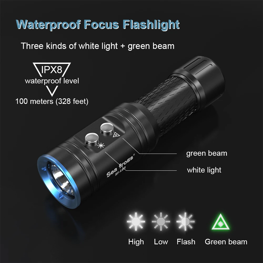 

Seafrogs 100m/328ft IPX8 Professional Aluminum Alloy Diving Torch 1000Lumen Powerful Waterproof LED Flashlight
