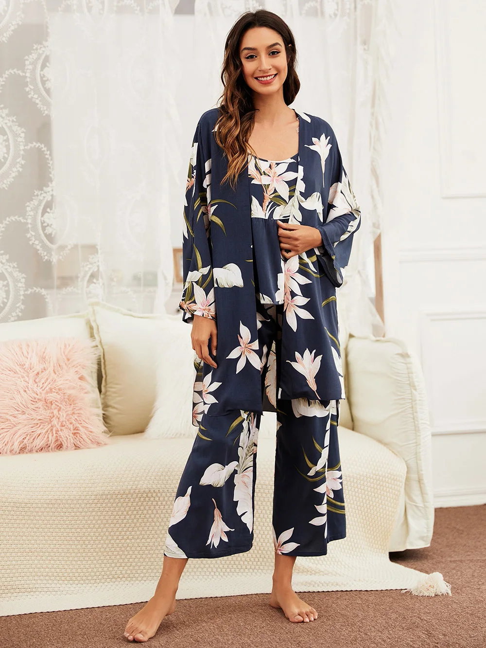 Spring Fall New Ladies Pajamas Set 3pcs Cartoon Banana Leaves Printed Women Comfort Loose Homewear Femme Sleepwear Jumpsuit