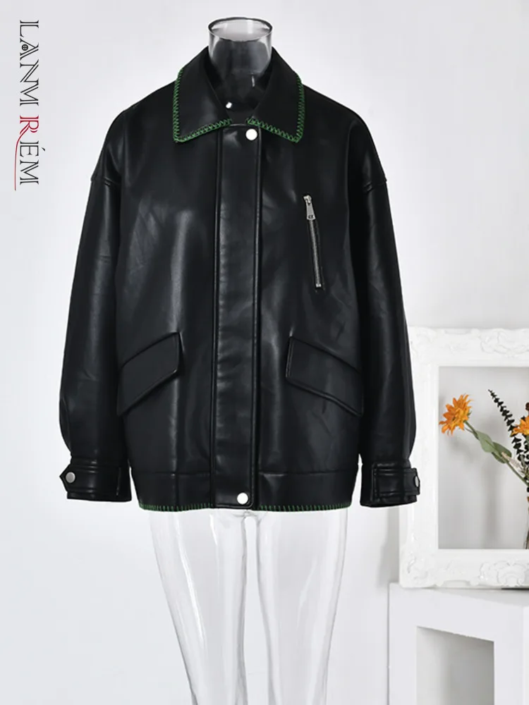 

LANMREM Black PU Leather Jacket Women Lapel Long Sleeves Zipper Motorcycle Style Coats Female Loose Style Cool Clothes 32A397