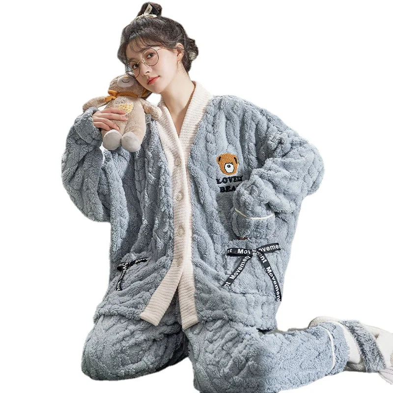 Winter Fashion Women's Casual Solid Warm Soft Sleepwear Nightgow Loose Pajamas With Pants Flannel Velvet Simple Bear Bow