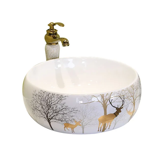 

Modern Nordic Gold Elk Design White Ceramic Table Top Wash Basin for Sale