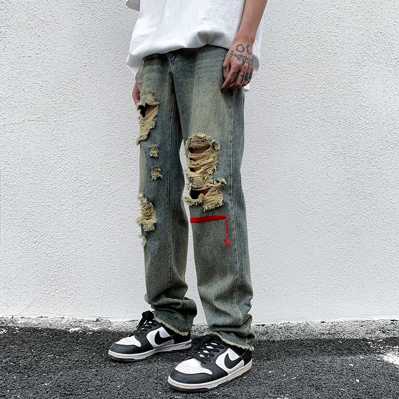 CHIPS Creative Design Men Harajuku Streetwear Hip Hop Hole Jeans Loose Vintage Straight Pants Casual Leg Distress Jeans Fashion