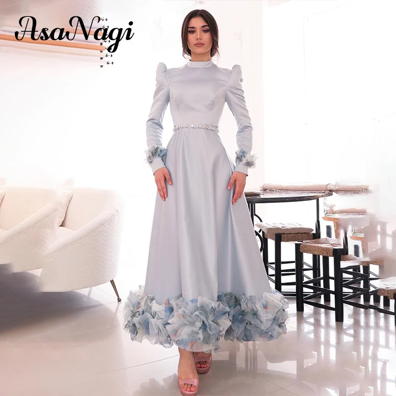 

AsaNagi Elegant A Line Evening Gown Ruffled Women's Formal Prom Party Dress Long Sleeve Beaded Ankle Special Occasion Dresses