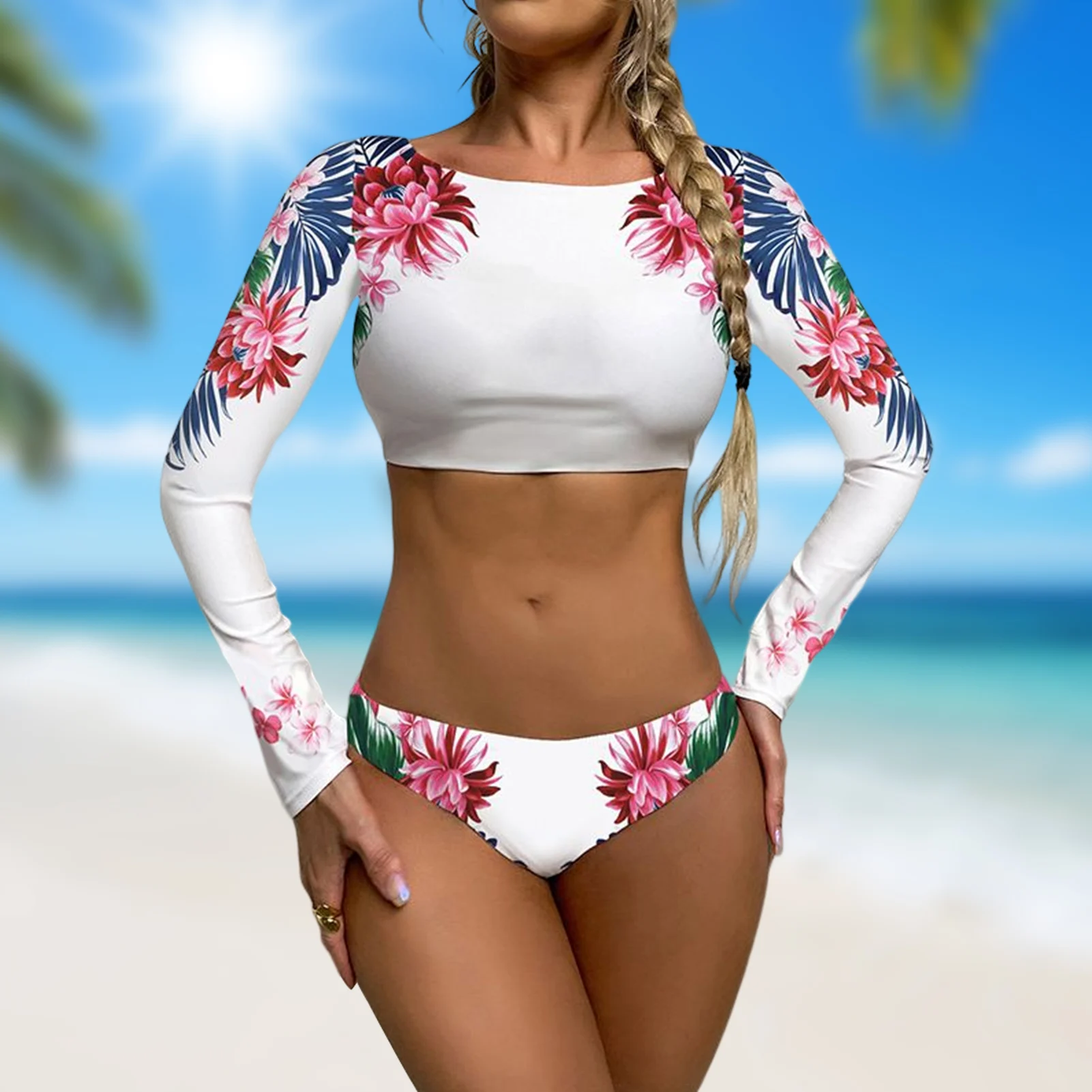 

2pcs/set Women Swimwear Set Long Sleeve Printed Swim Bikini Set Round Neck European Style Simple Breathable for Seaside Vacation