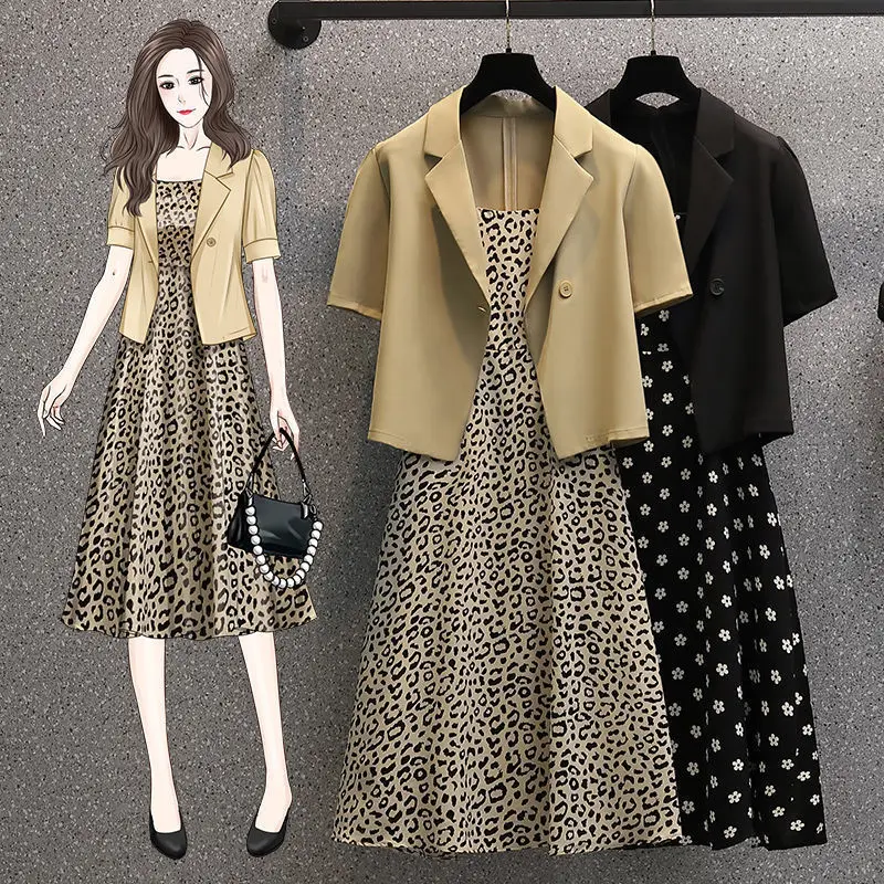 Women's Summer Dress Suit 2022 New Fashion Blazer Jacket Printed Midi Skirt Two Piece Female Korean Elegant Professional Wear