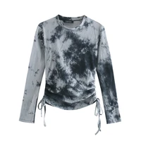 fashion all match drawstring high waist bottoming shirt female tie dye long sleeved t shirt tie dye two piece suit trousers