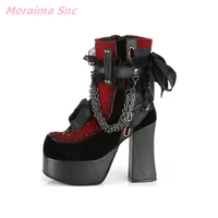 2022 side zipper lace mesh women boots genuine leather round toe square heel metal decoration platform fashion and novelty