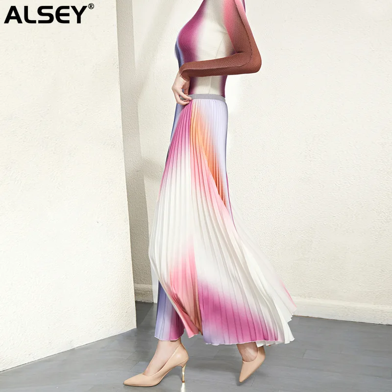 

ALSEY Miyake Ruffled Clothes for Women Elegant Prints Rainbow Gradient Top Women Women's Skirt Two-piece Set Spring 2023 New