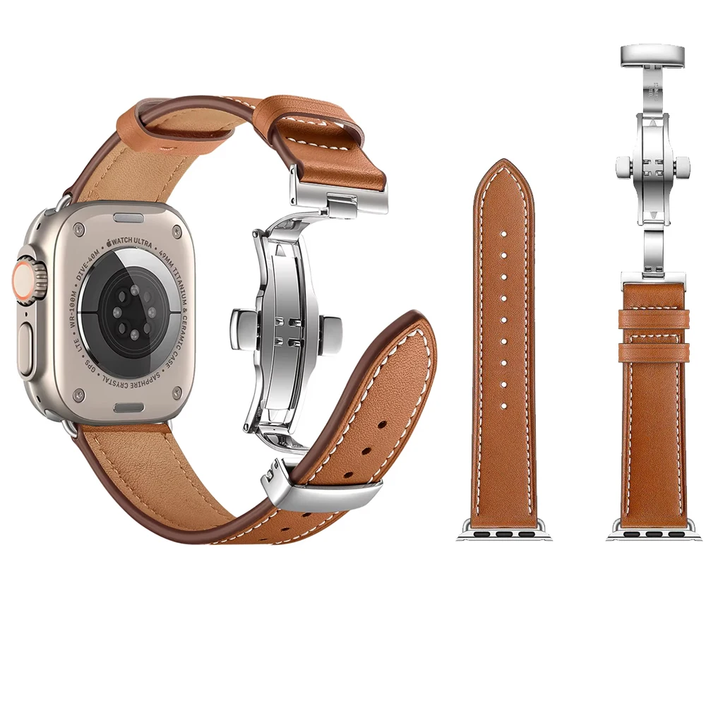 Фото Ремешок для Apple Watch Ultra 2, 3, 49 мм, 45 мм, 41 мм, 44 мм, 40 мм, 42 мм, 46 мм, кожаный браслет для iWatch Series 6, 8, 7, SE, 3, 9, 10, 11 №1