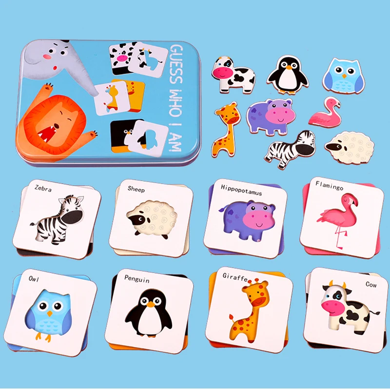 

Wooden Toys Baby Kids Cognition Puzzles Game Cartoon Puzzle Cards Matching Education Game Iron Box