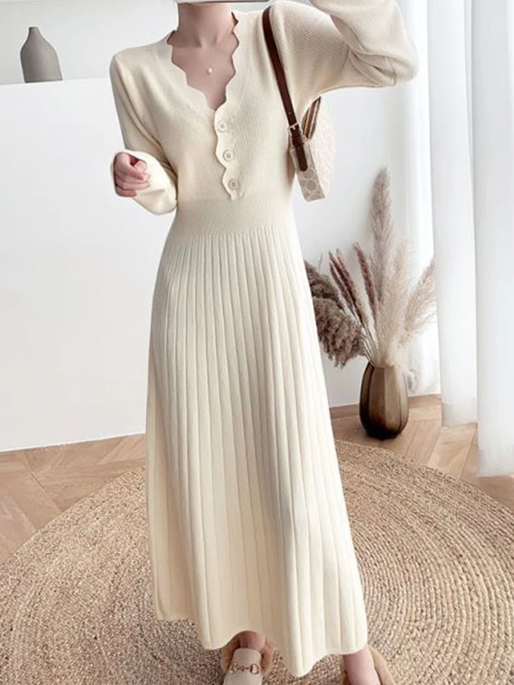

Faymusty Elegant Women'S Long Dress Off White Knit Korean Dresses For Women 2022 New Fashion Winter Birthday Chic One-Pieces