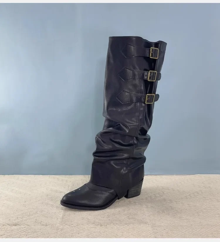 Винтажные ковбойские сапоги в стиле вестерн на толстом каблуке с заклепками