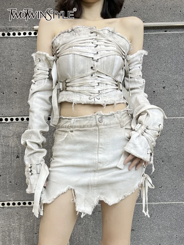 

TWOTWINSTYLE Sexy Two Piece Sets For Women Strapless Sleeveless Vest High Waist Slimming Mini Skirt Lace Up Set Female Fashion